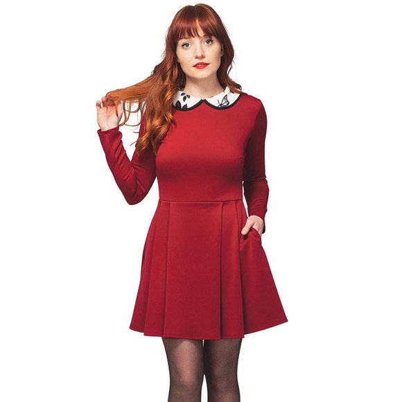 Smak Parlour Peter Pan Collar Dress - Crimson Mod Twee Cosplay Goth Holiday Geek - Picture 5 of 6